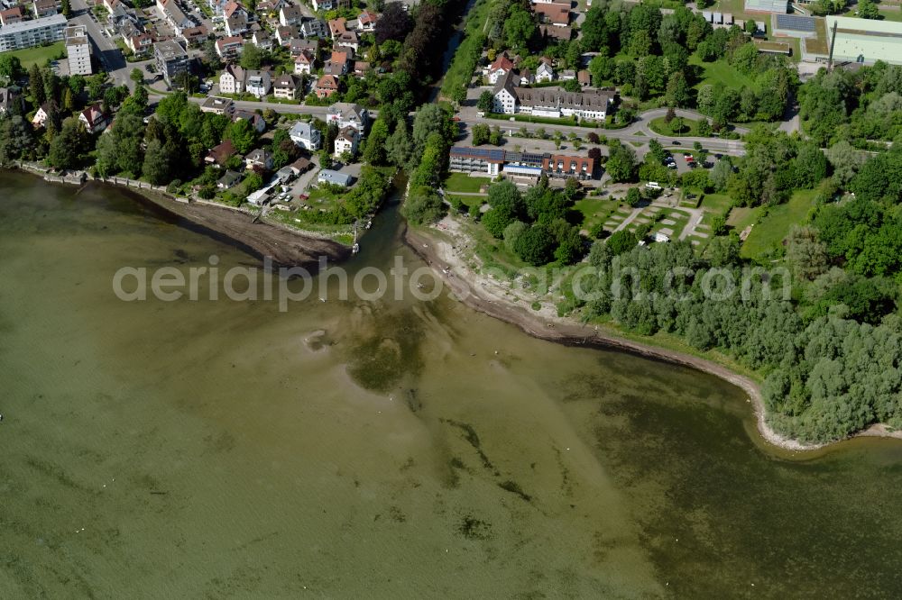 Friedrichshafen from above - Riparian areas along the river estuary of the Rotach in Lake Constance in Friedrichshafen on Lake Constance in the state Baden-Wuerttemberg, Germany