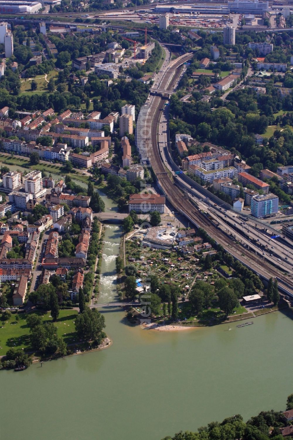 Birsfelden from above - Riparian areas along the river mouth of Birs into Rhine river in Birsfelden in the canton Basel-Landschaft, Switzerland