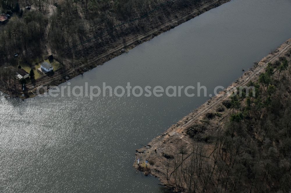 Aerial photograph Wusterwitz - Riparian areas along the river mouth Elbe-Havel-Kanal chanal to lake Wendsee in the district Kirchmoeser in Wusterwitz in the state Brandenburg