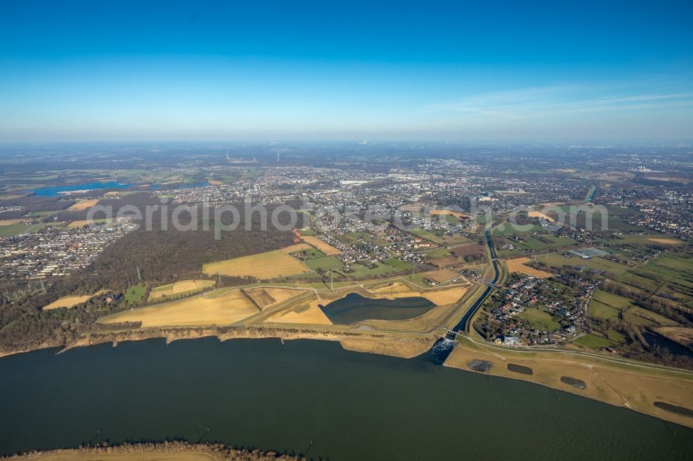 Dinslaken from above - Riparian areas along the river mouth of the Rhine - Emscher river in the district Eppinghoven in Dinslaken in the state North Rhine-Westphalia, Germany