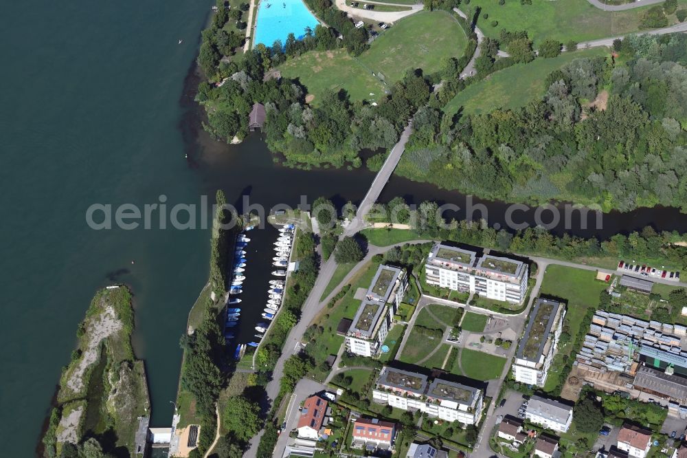 Augst from above - Riparian areas along the river mouth of Ergolz into the Rhine river and marina in Augst in the canton Basel-Landschaft, Switzerland