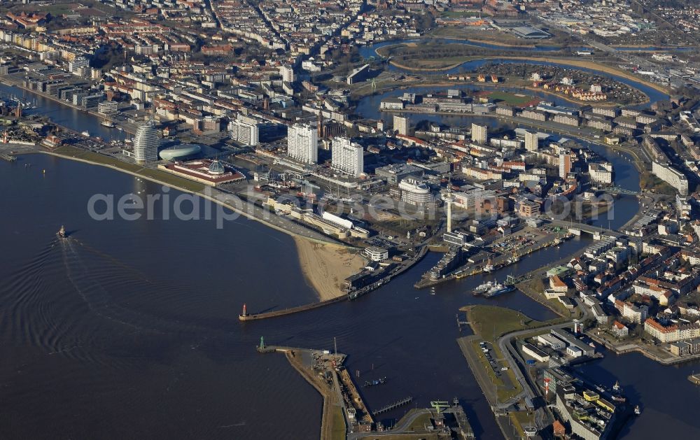 Bremerhaven from above - Shore areas along the river estuary Geeste and their inflow into the Weser in Bremerhaven State Bremen