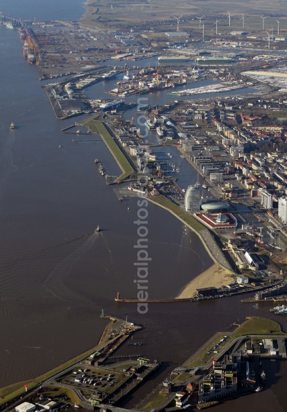 Aerial photograph Bremerhaven - Riparian areas along the river mouth der Geeste to Weser in Bremerhaven in the state Bremen