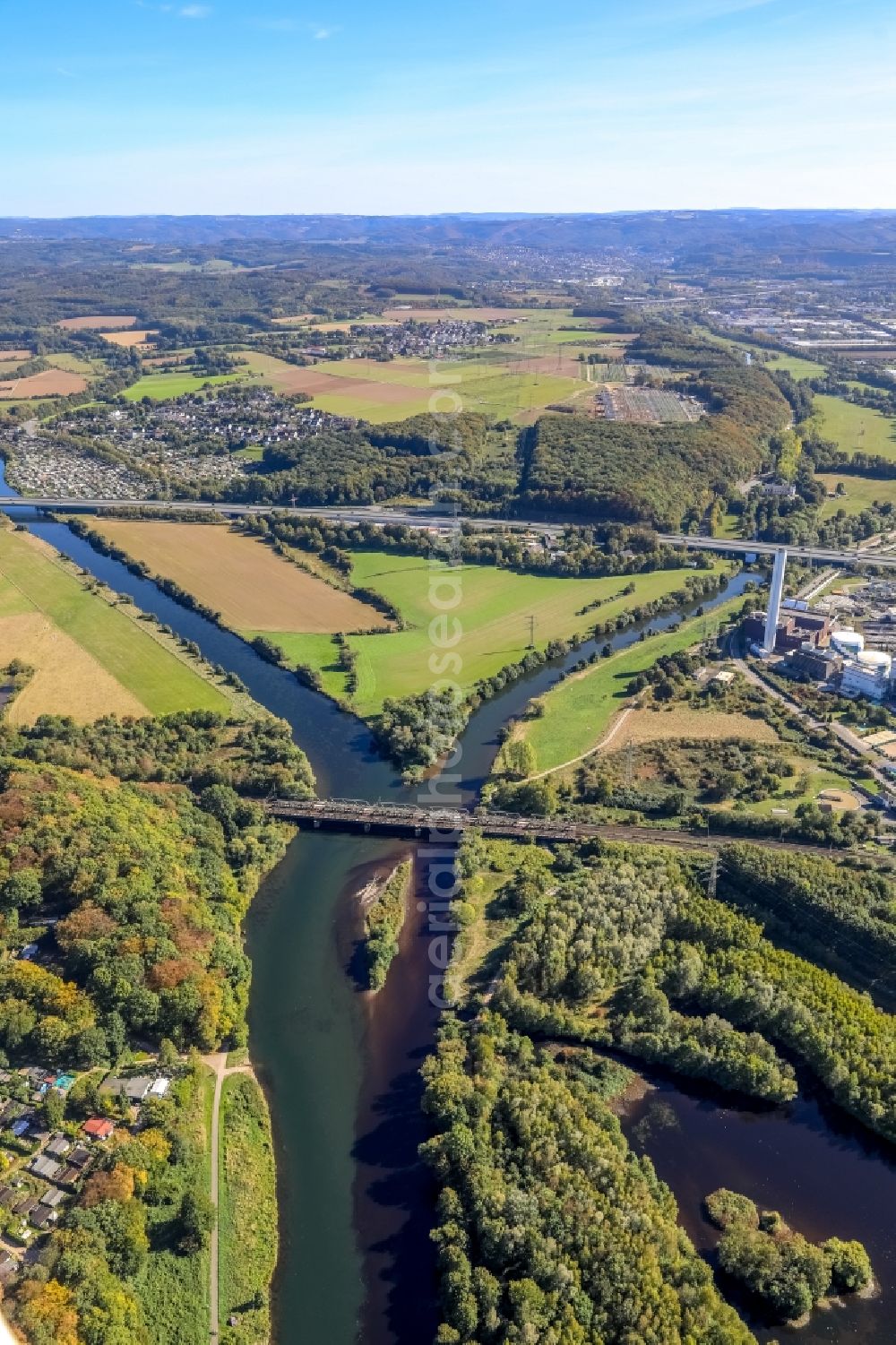 Aerial image Hagen - Riparian areas along the river mouth of Lenne in the Ruhr in Hagen in the state North Rhine-Westphalia, Germany