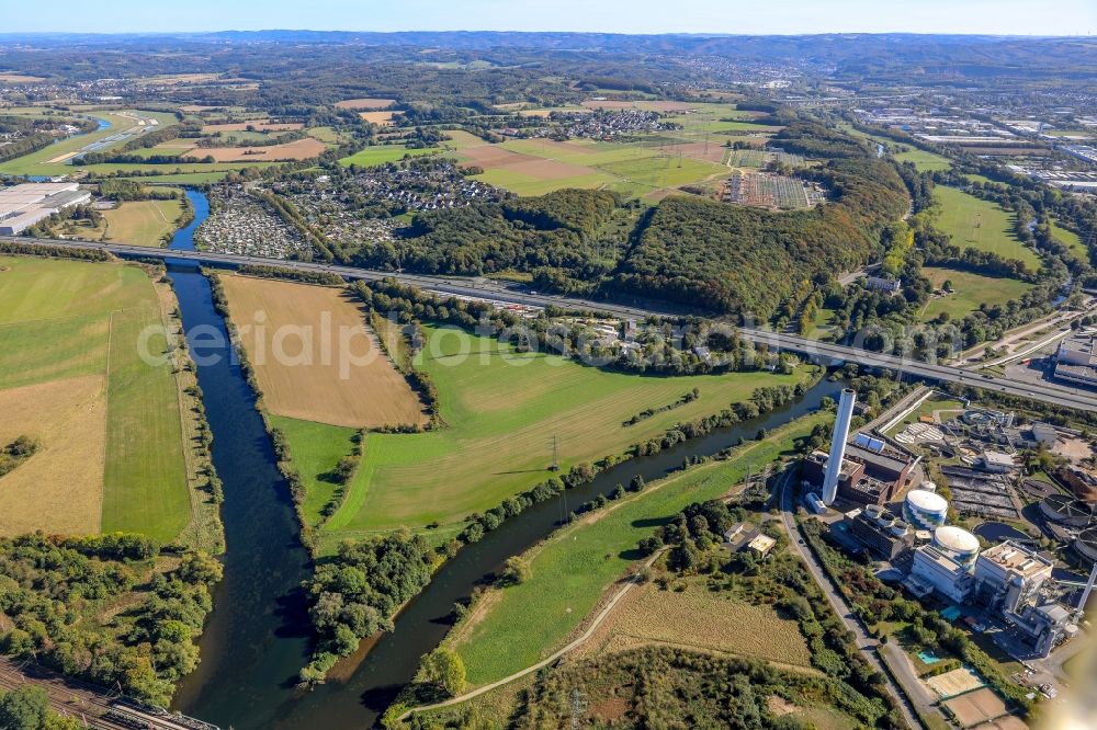 Hagen from above - Riparian areas along the river mouth of Lenne in the Ruhr in Hagen in the state North Rhine-Westphalia, Germany