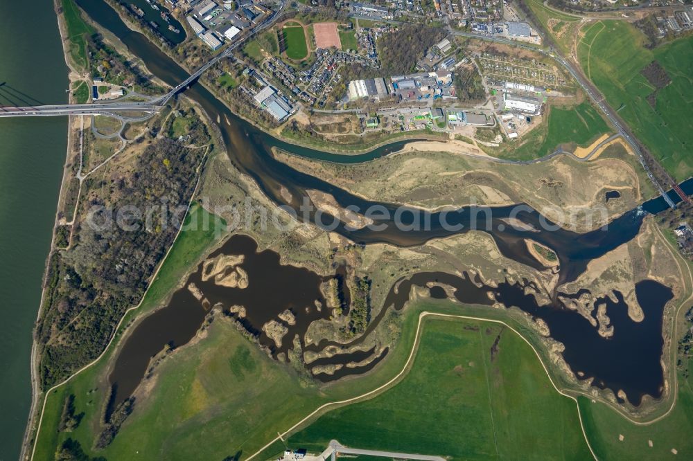 Wesel from above - Riparian areas along the river mouth of Lippe in Wesel in the state North Rhine-Westphalia, Germany