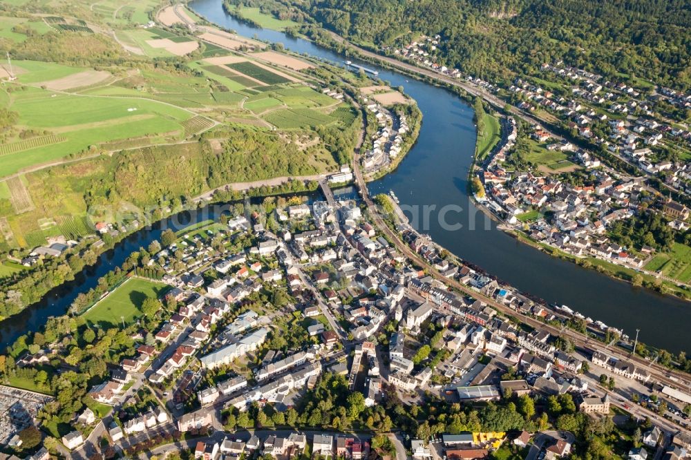 Aerial image Wasserbillig - Riparian areas along the river mouth of Sauer in die Mosel in Wasserbillig in Grevenmacher, Luxembourg