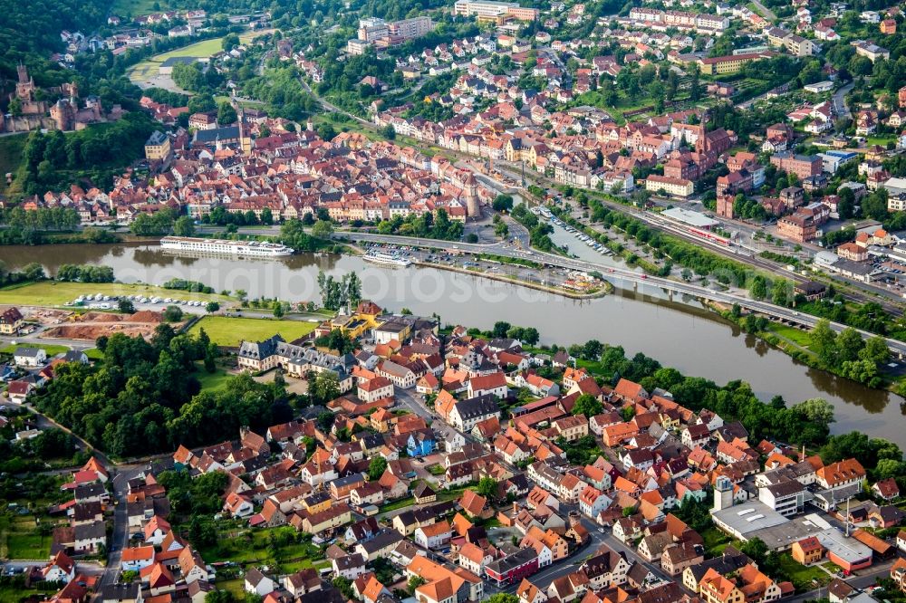 Wertheim from above - Riparian areas along the river mouth of Tauber into Main in Wertheim in the state Baden-Wurttemberg, Germany