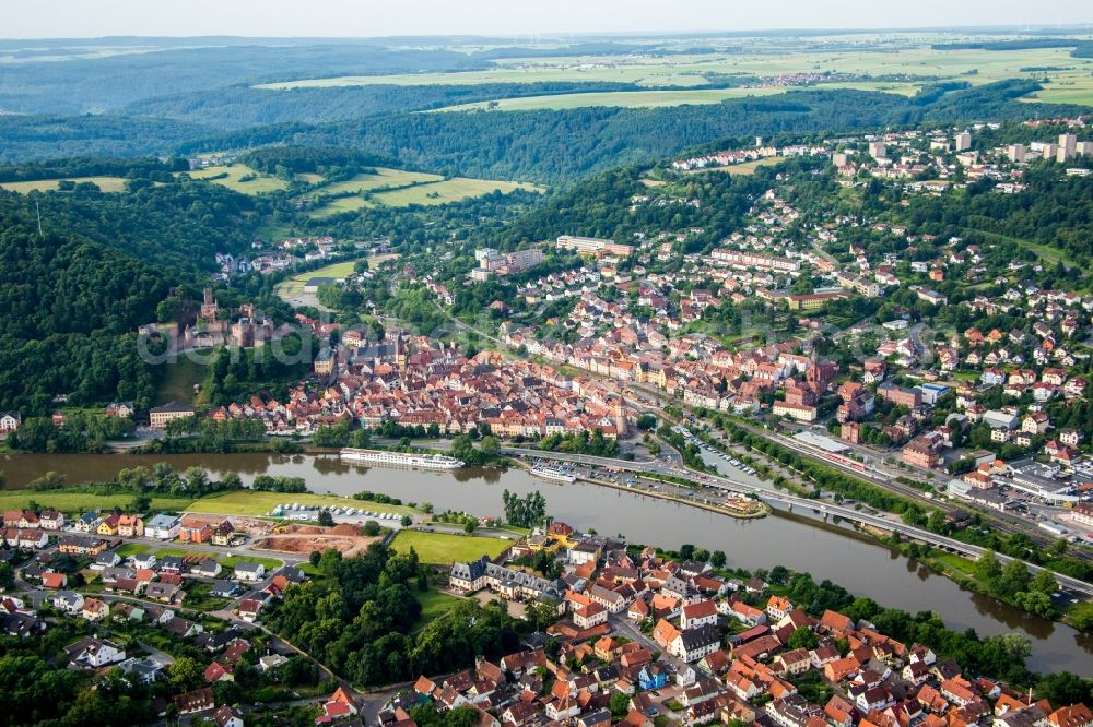 Wertheim from the bird's eye view: Riparian areas along the river mouth of Tauber into Main in Wertheim in the state Baden-Wurttemberg, Germany