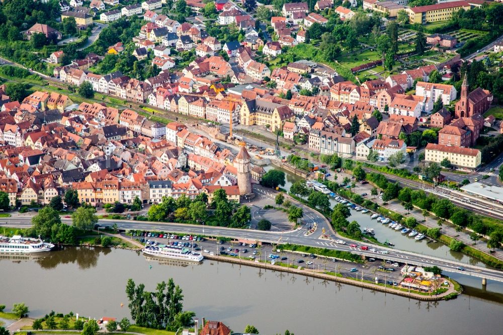 Aerial image Wertheim - Riparian areas along the river mouth of Tauber into Main in Wertheim in the state Baden-Wurttemberg, Germany