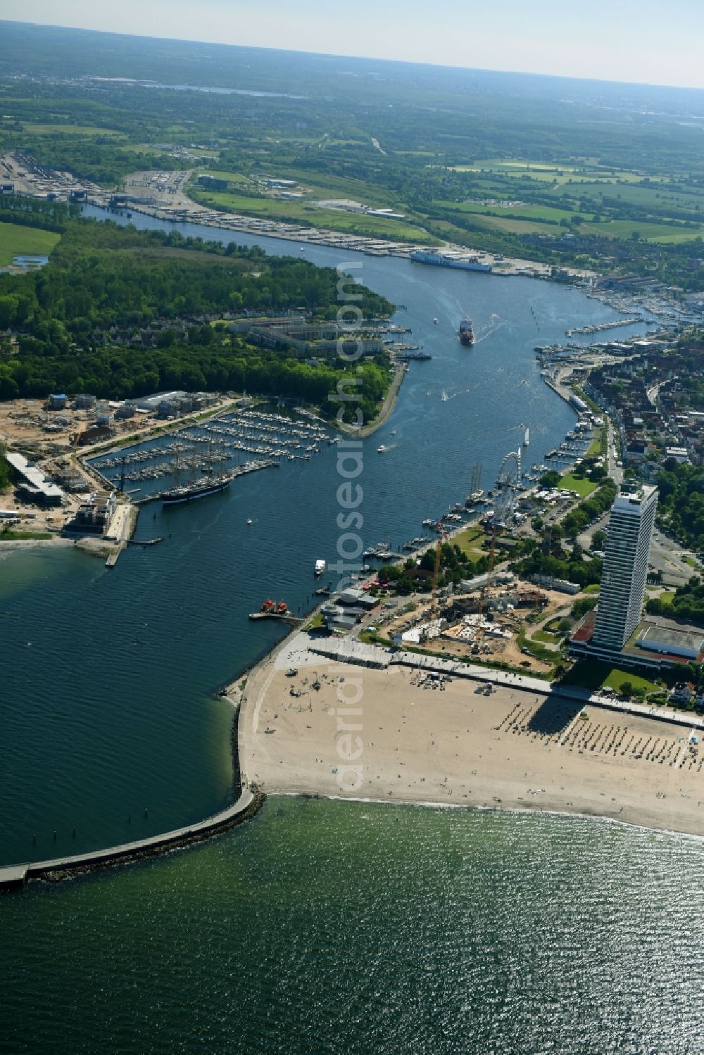 Travemünde from above - Riparian areas along the river mouth of Trave in Travemuende in the state Schleswig-Holstein, Germany