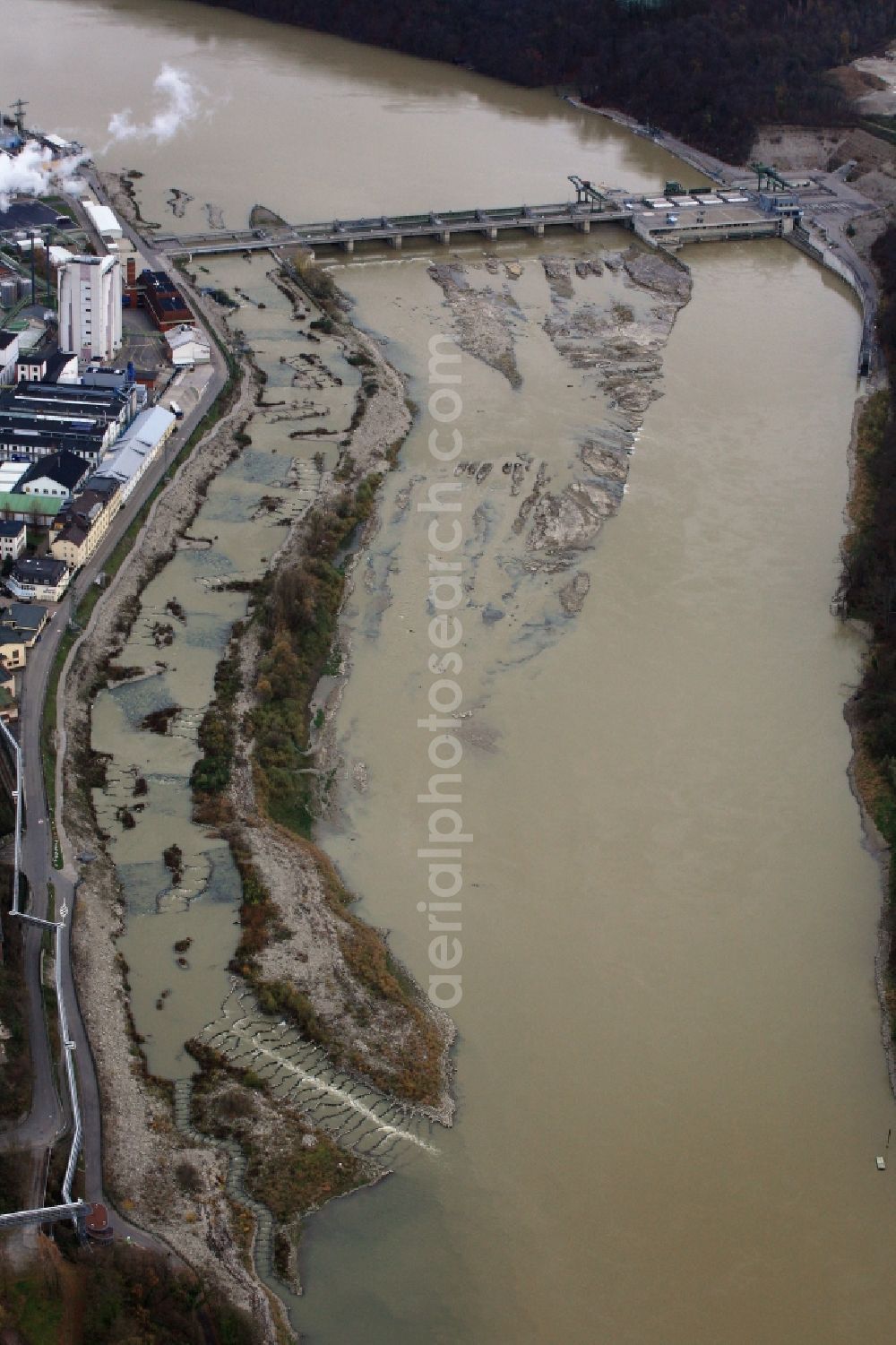 Rheinfelden (Baden) from the bird's eye view: Riparian areas, fish ladder and rock formations on the river Rhine power plant in Rheinfelden (Baden) in the state of Baden-Wuerttemberg