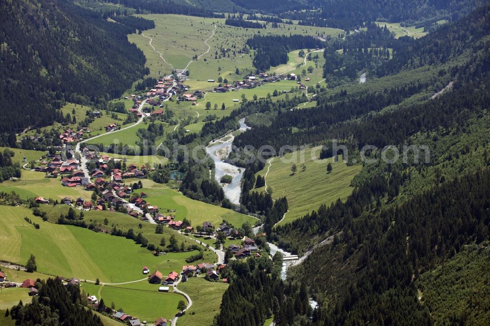 Aerial image Bad Hindelang - Riparian areas along the river Ostrach in the valley in Bad Hindelang in Bavaria