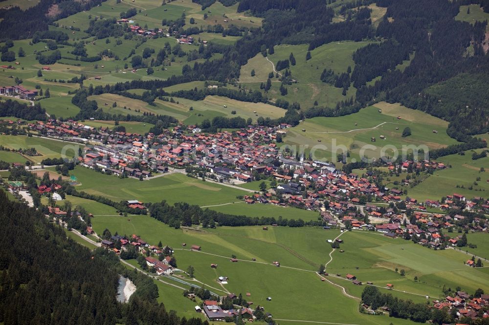 Bad Hindelang from the bird's eye view: Riparian areas along the river Ostrach in the valley in Bad Hindelang in Bavaria