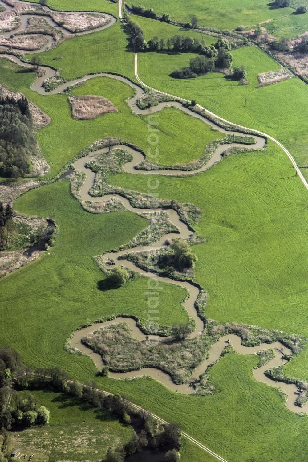 Siegenburg from above - Riparian zones on the course of the river of Abens in Siegenburg in the state Bavaria, Germany