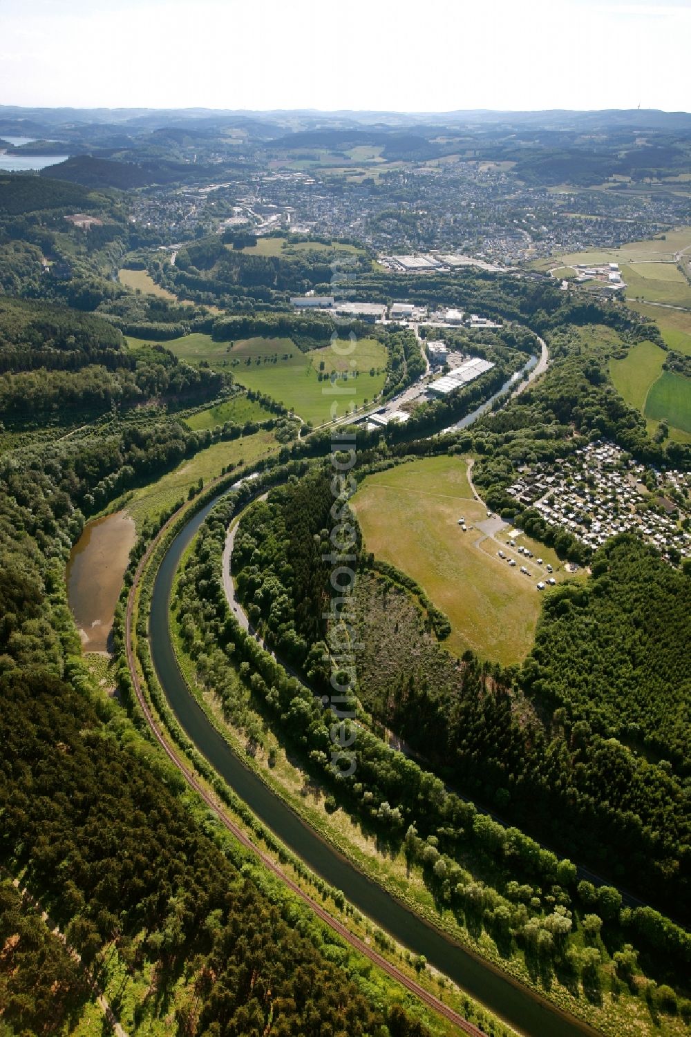 Aerial image Attendorn - Riparian zones on the course of the river of Bigge in Attendorn in the state North Rhine-Westphalia, Germany