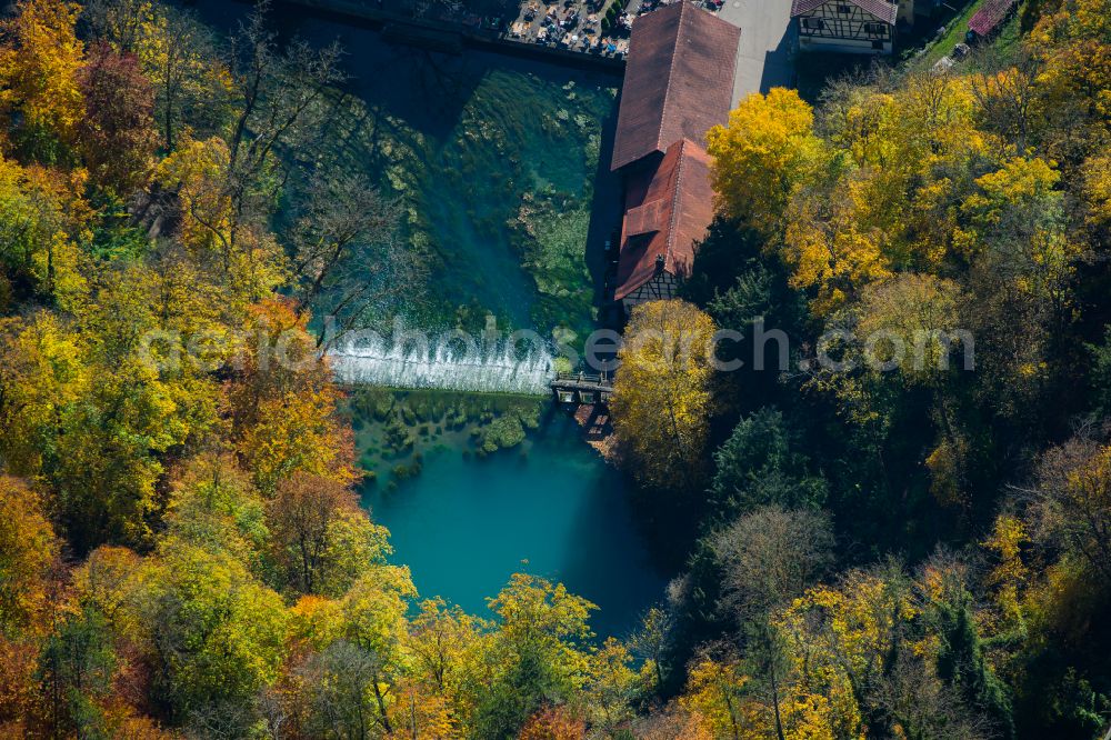 Blaubeuren from above - Riparian zones on the course of the river of Blautopf on Wehr and Aussichtspunkt Die schoene Lau in Blaubeuren in the state Baden-Wuerttemberg, Germany