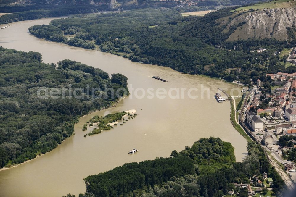 Hainburg an der Donau from above - Riparian zones on the course of the river Danube at Hainburg an der Donau in Lower Austria, Austria