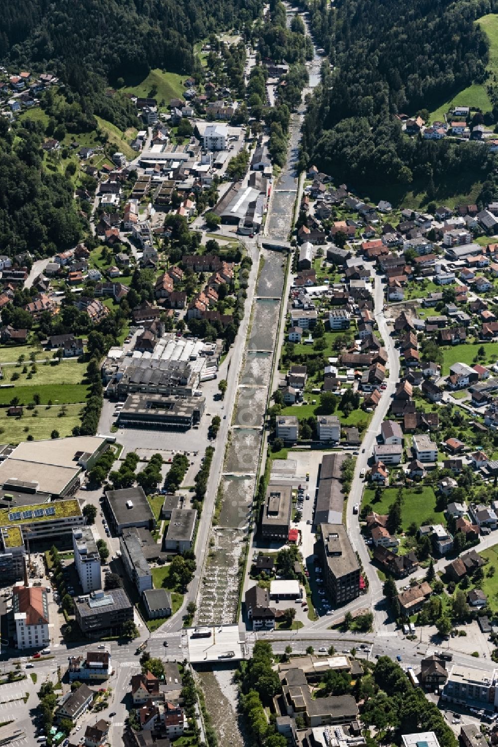 Aerial image Dornbirn - Riparian zones on the course of the river of Dornbirn Ache in Dornbirn in Vorarlberg, Austria