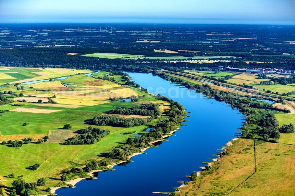 Bleckede from above - Riparian zones on the course of the river Elbe in Bleckede in the state Lower Saxony, Germany