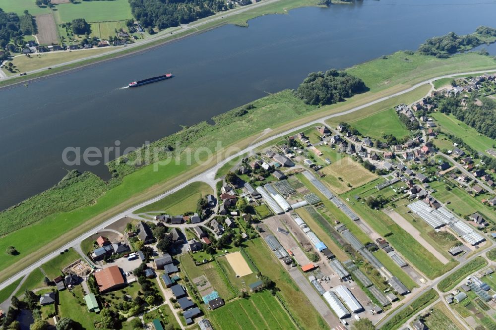 Aerial image Hamburg - Riparian zones on the course of the river Elbe with apartment house and greenhouse at Kraueler Hauptdeich in the district Kirchwerder in Hamburg