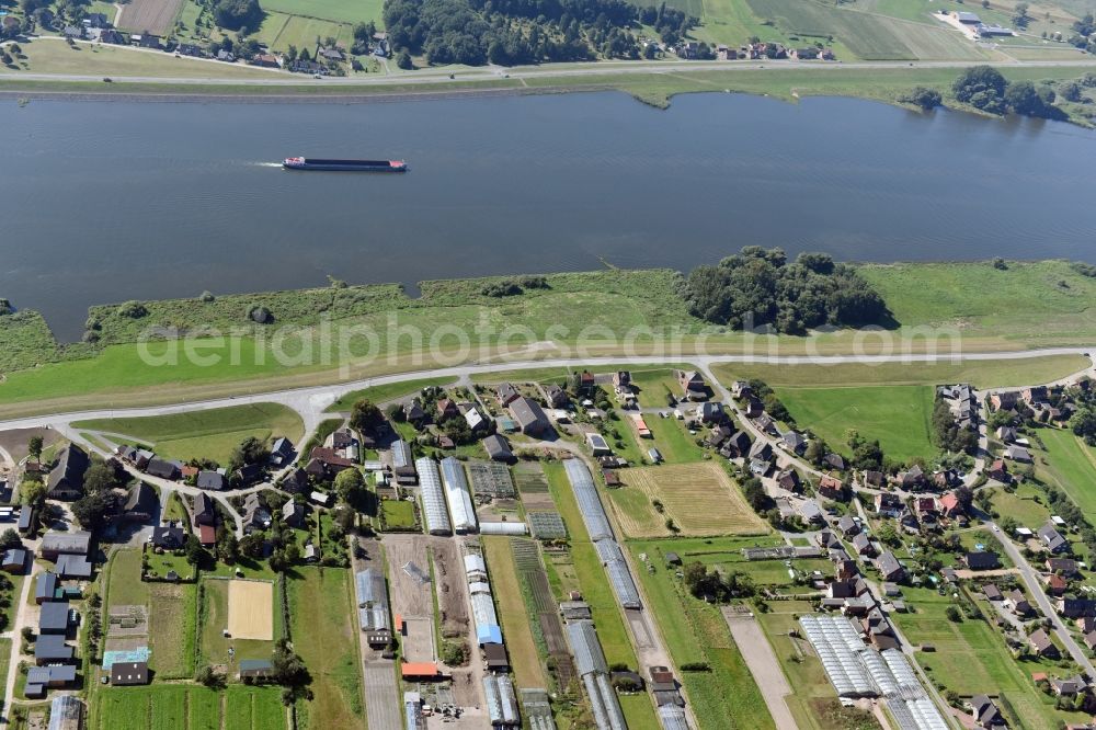 Aerial photograph Hamburg - Riparian zones on the course of the river Elbe with apartment house and greenhouse at Kraueler Hauptdeich in the district Kirchwerder in Hamburg