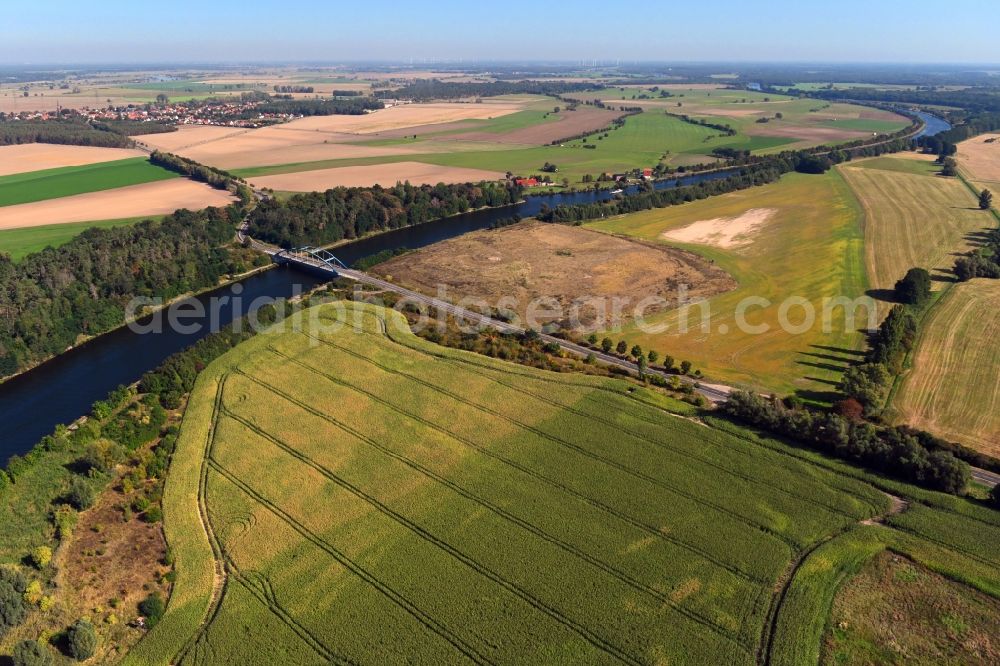 Ihleburg from above - Riparian zones on the course of the river Elbe-Havel-Kanal in Ihleburg in the state Saxony-Anhalt, Germany