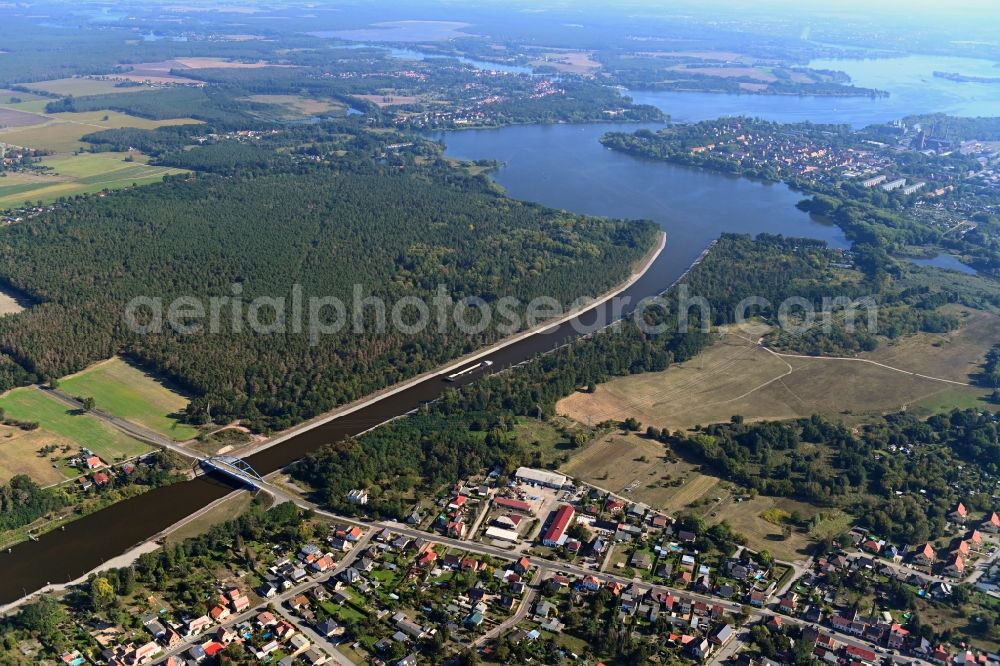 Aerial photograph Woltersdorf - Riparian zones on the course of the river of Elbe-Havel-Kanal in Woltersdorf in the state Brandenburg, Germany