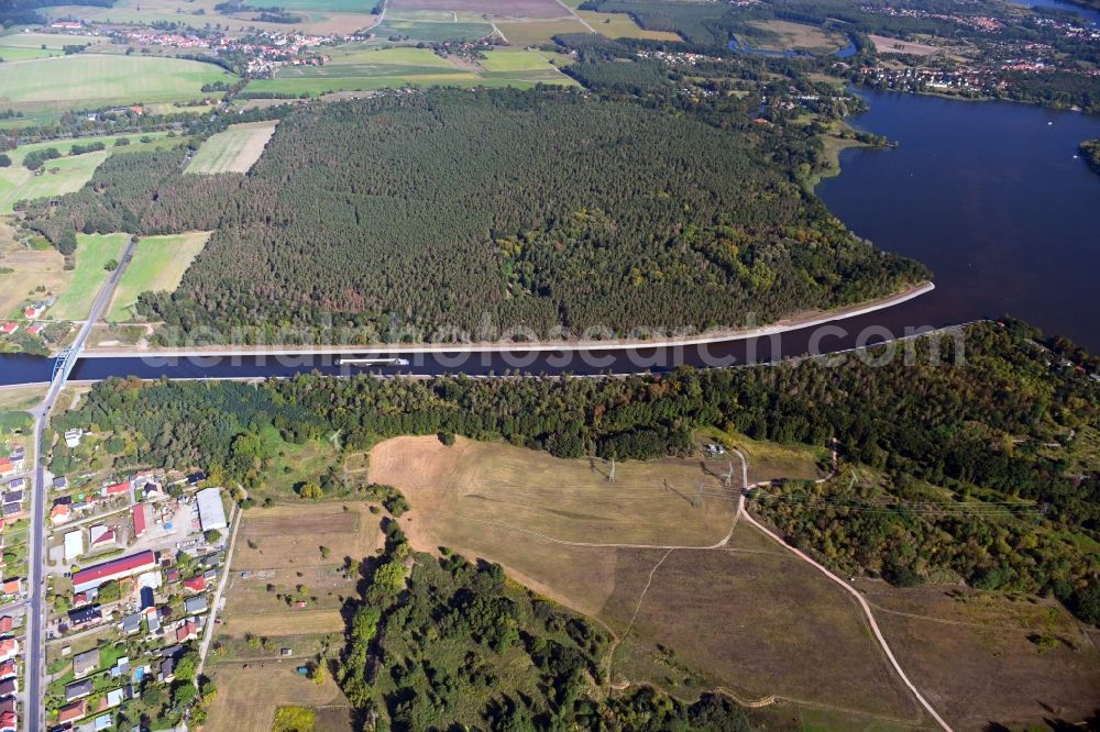 Woltersdorf from above - Riparian zones on the course of the river of Elbe-Havel-Kanal in Woltersdorf in the state Brandenburg, Germany