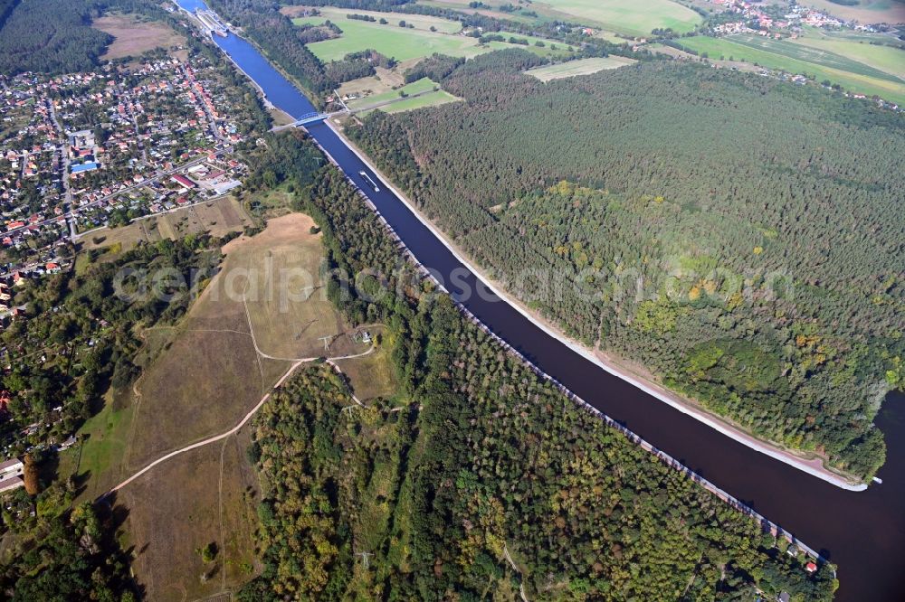 Woltersdorf from the bird's eye view: Riparian zones on the course of the river of Elbe-Havel-Kanal in Woltersdorf in the state Brandenburg, Germany