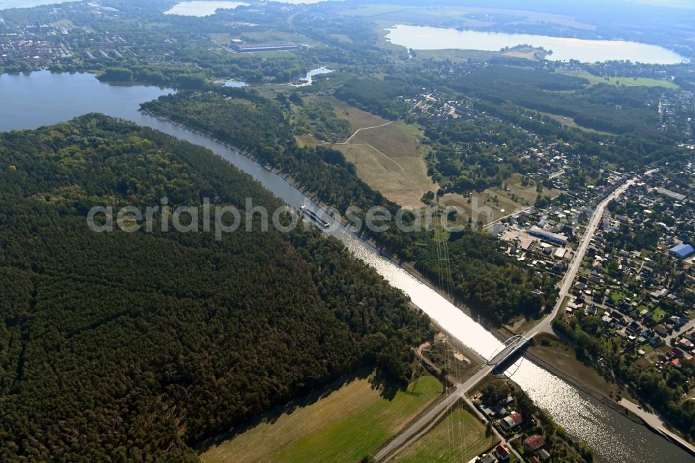 Wusterwitz from above - Riparian zones on the course of the river of Elbe-Havel-Kanal in Wusterwitz in the state Brandenburg, Germany