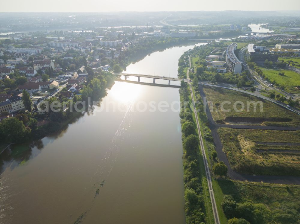 Dresden from above - Riparian zones on the course of the river of the River Elbe in the district Mickten in Dresden in the state Saxony, Germany