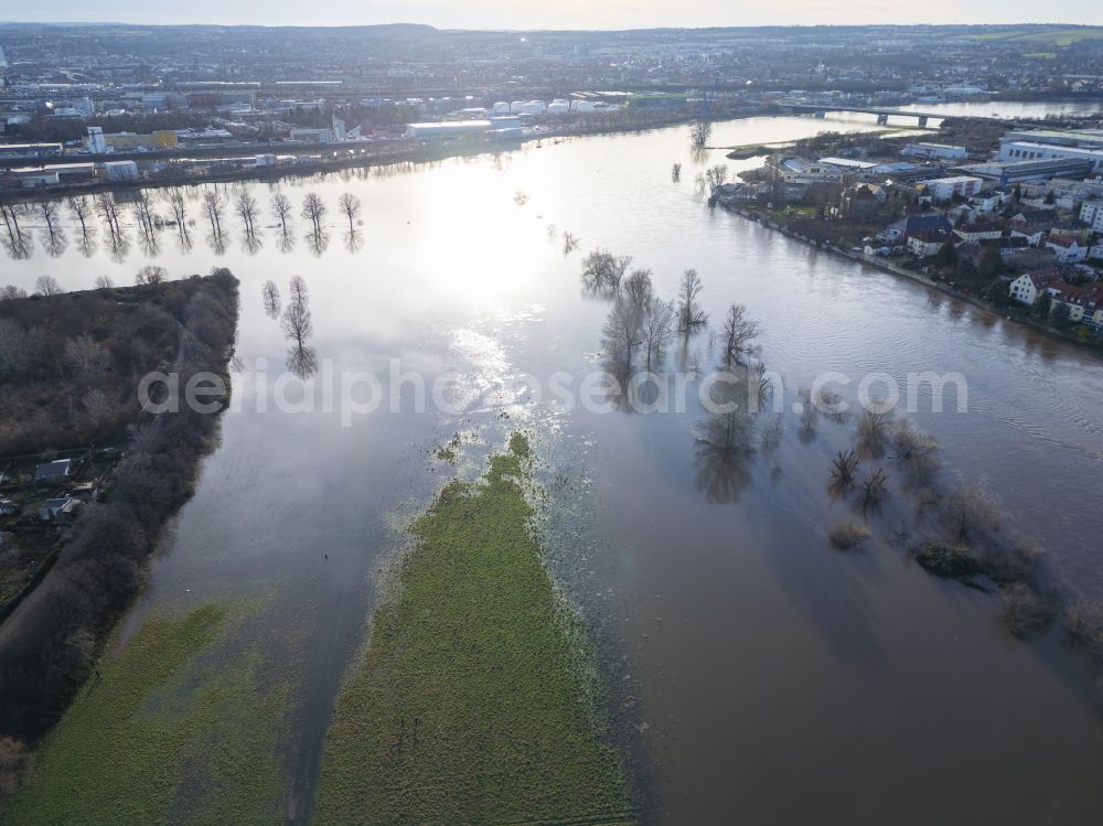 Dresden from above - Flooded riverbank areas along the course of the Elbe drainage ditch Kaditzer flood channel in the district of Mickten in Dresden in the federal state of Saxony, Germany