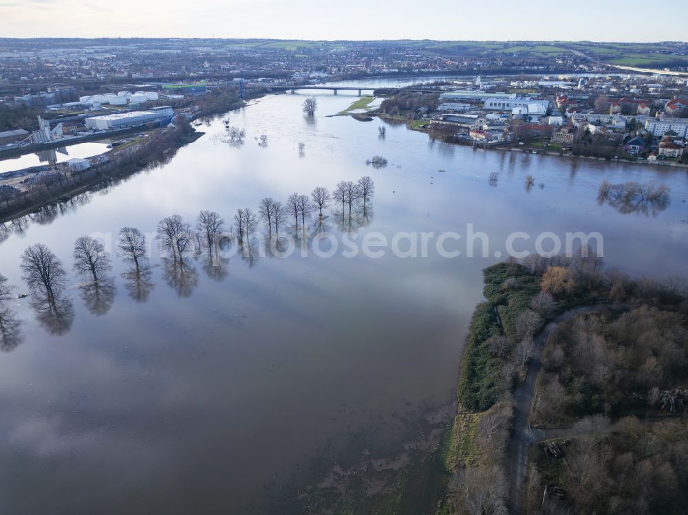 Dresden from above - Flooded riverbank areas along the course of the Elbe drainage ditch Kaditzer flood channel in the district of Mickten in Dresden in the federal state of Saxony, Germany