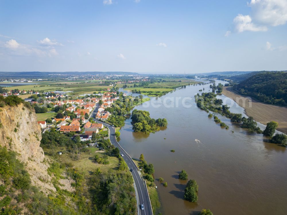 Aerial image Scharfenberg - Bank areas during flooding along the river Elbe in Soernewitz am Spaargebirge in the federal state of Saxony