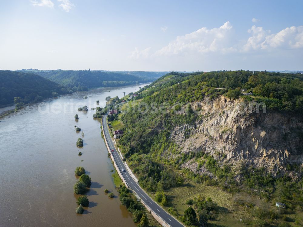 Aerial photograph Scharfenberg - Bank areas during flooding along the river Elbe in Soernewitz am Spaargebirge in the federal state of Saxony