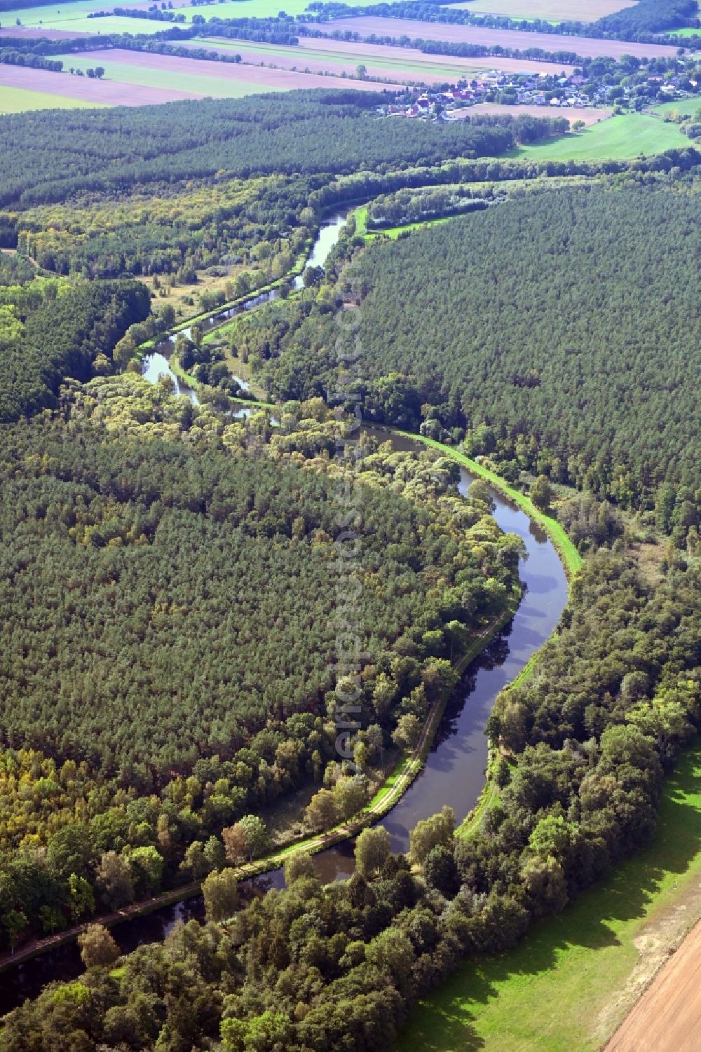 Damm from above - Riparian zones on the course of the river of Elde in Damm in the state Mecklenburg - Western Pomerania, Germany