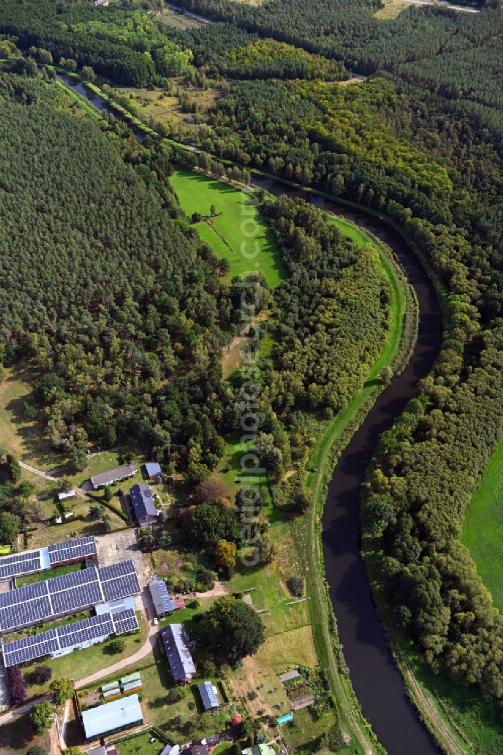 Aerial image Damm - Riparian zones on the course of the river of Elde in Damm in the state Mecklenburg - Western Pomerania, Germany