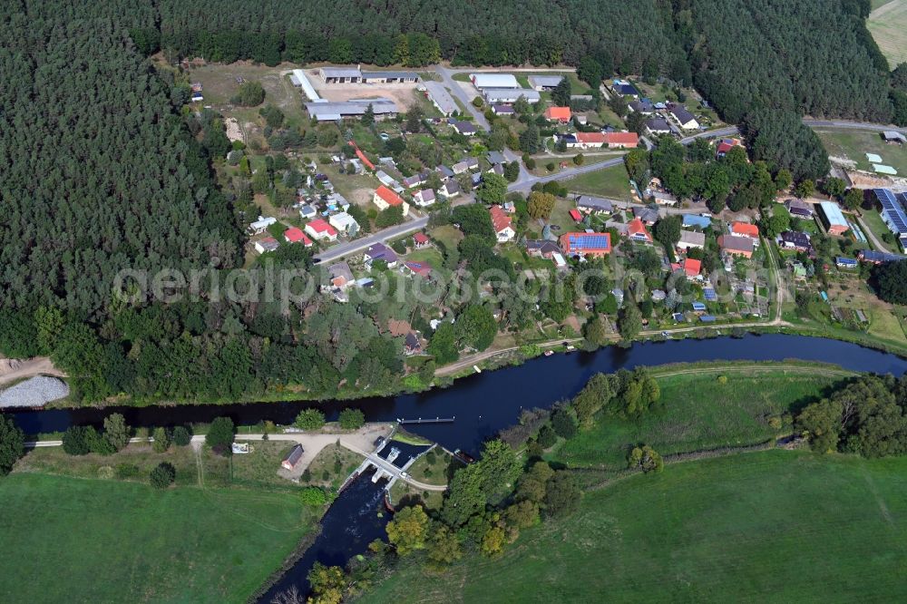 Damm from above - Riparian zones on the course of the river of Elde in Damm in the state Mecklenburg - Western Pomerania, Germany