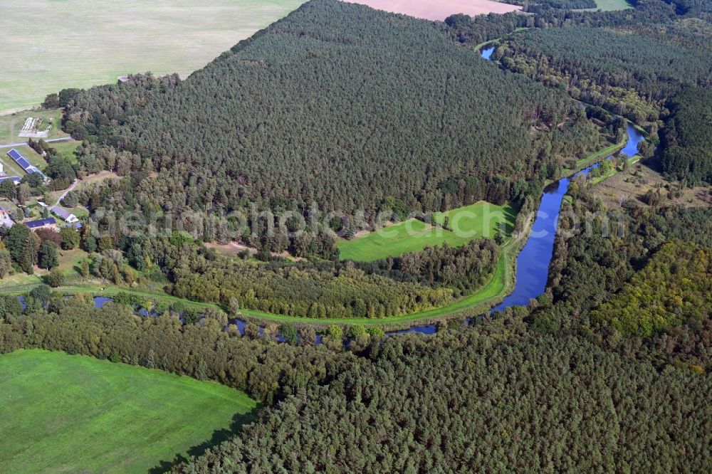 Damm from the bird's eye view: Riparian zones on the course of the river of Elde in Damm in the state Mecklenburg - Western Pomerania, Germany