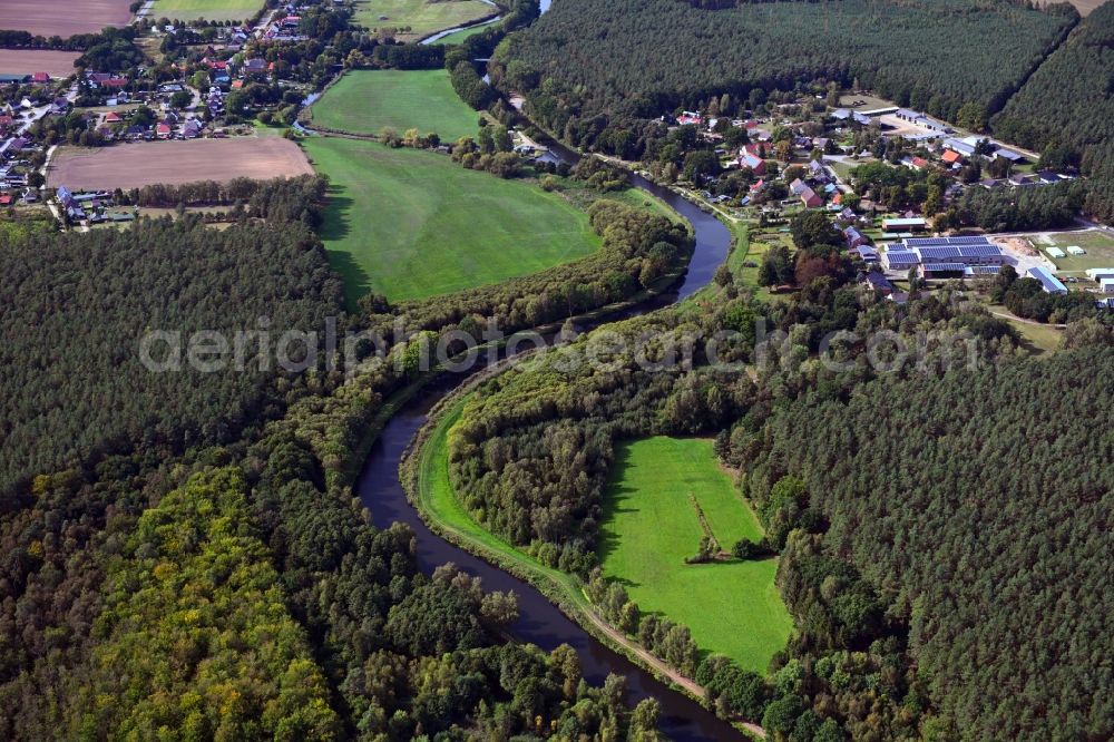 Damm from above - Riparian zones on the course of the river of Elde in Damm in the state Mecklenburg - Western Pomerania, Germany