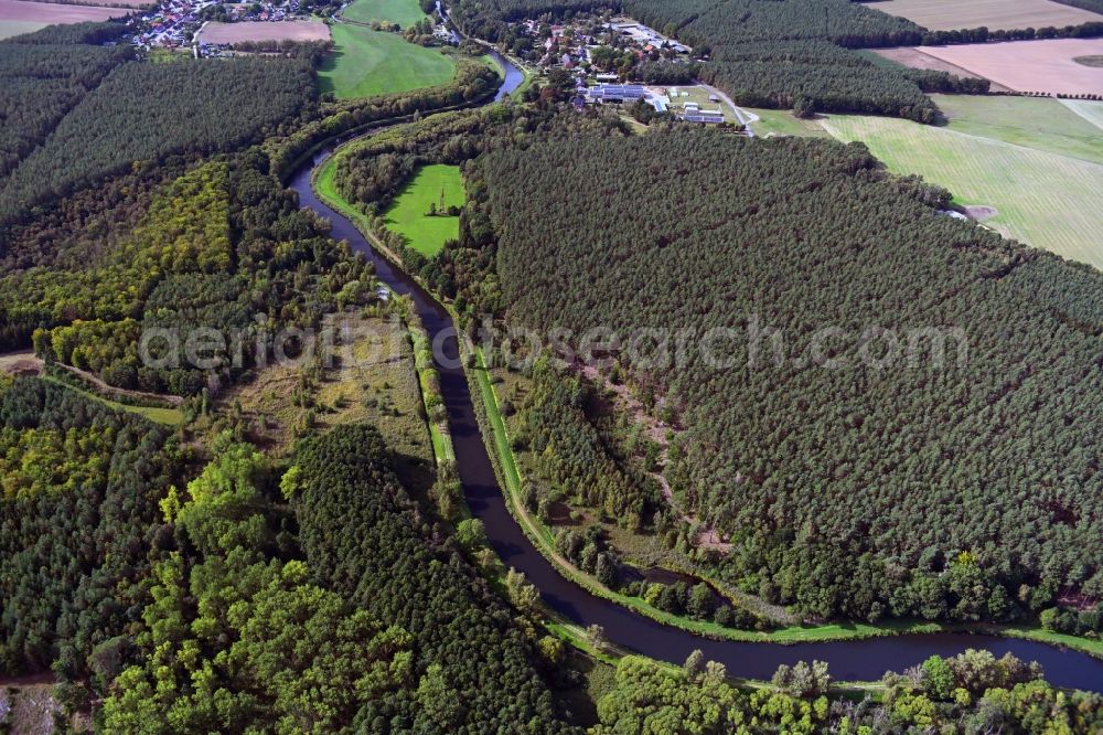 Damm from the bird's eye view: Riparian zones on the course of the river of Elde in Damm in the state Mecklenburg - Western Pomerania, Germany