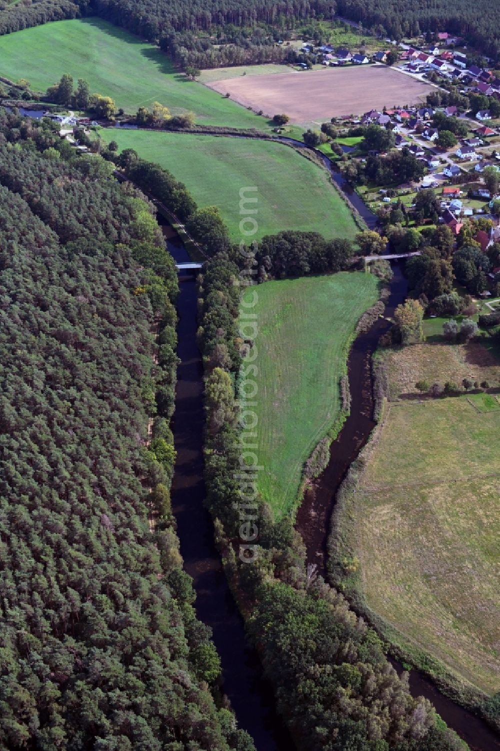 Damm from the bird's eye view: Riparian zones on the course of the river of Elde in Damm in the state Mecklenburg - Western Pomerania, Germany