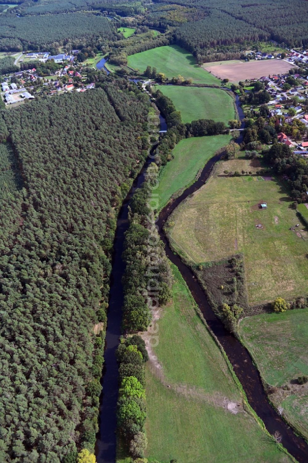 Aerial image Damm - Riparian zones on the course of the river of Elde in Damm in the state Mecklenburg - Western Pomerania, Germany