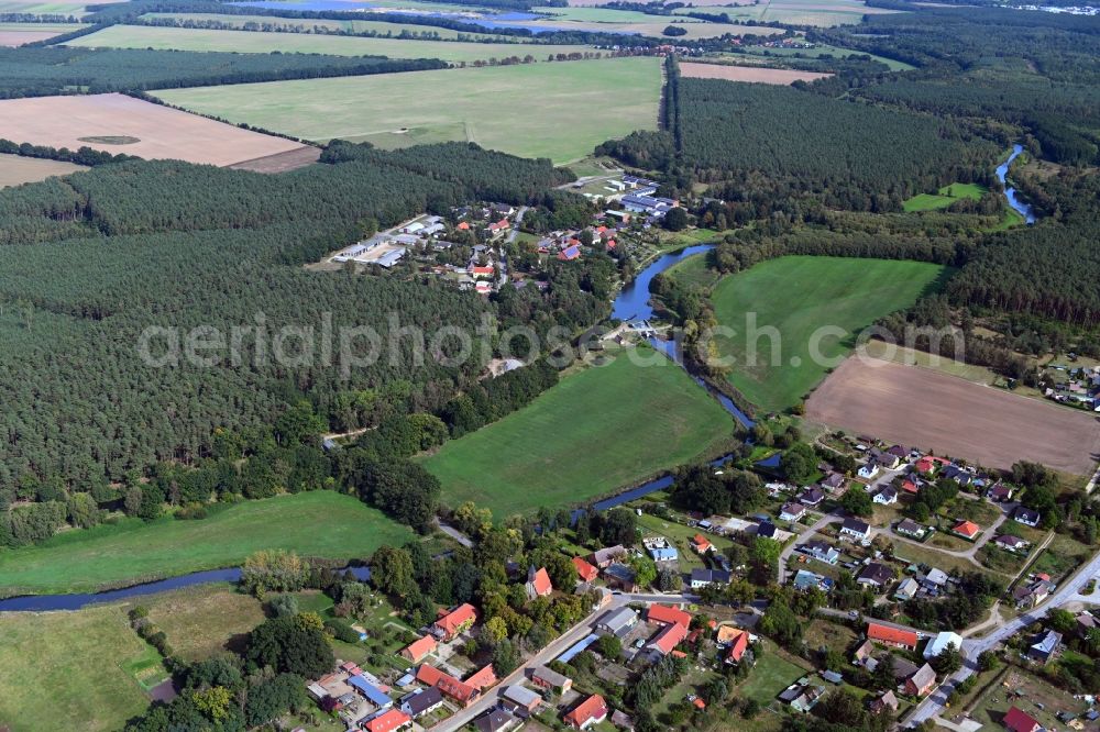 Damm from above - Riparian zones on the course of the river of Elde in Damm in the state Mecklenburg - Western Pomerania, Germany