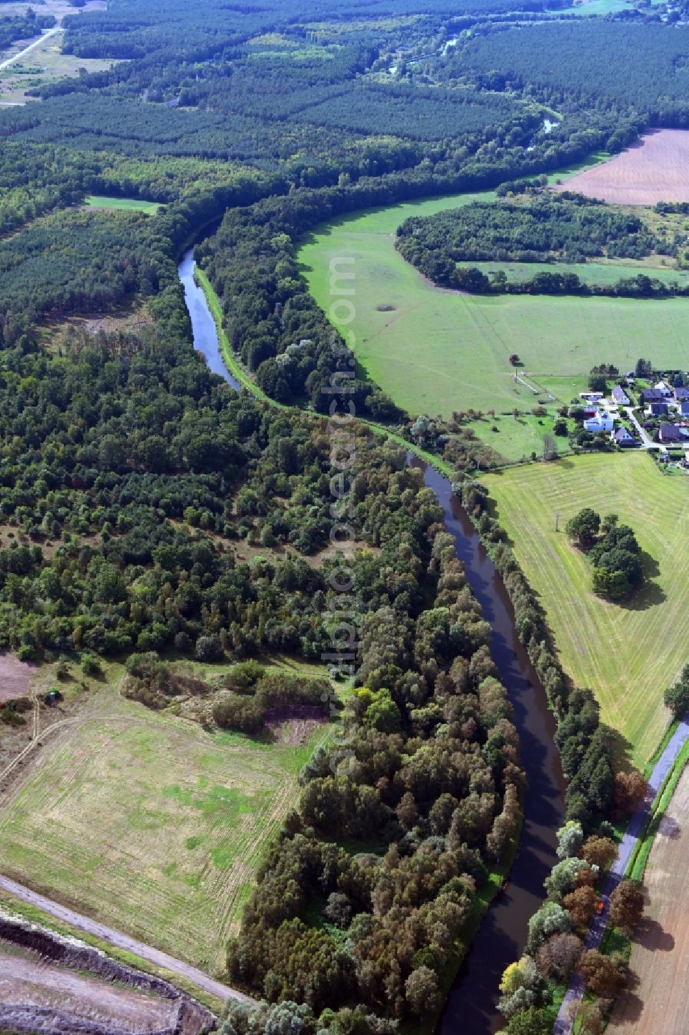 Möderitz from above - Riparian zones on the course of the river of Elde in Moederitz in the state Mecklenburg - Western Pomerania, Germany