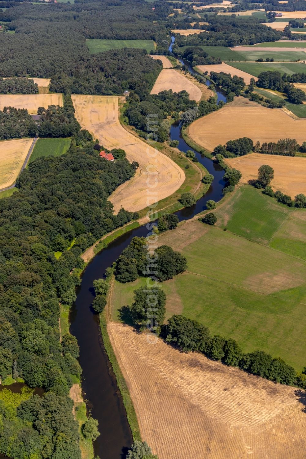 Telgte from above - Riparian zones on the course of the river of Ems in Telgte in the state North Rhine-Westphalia, Germany