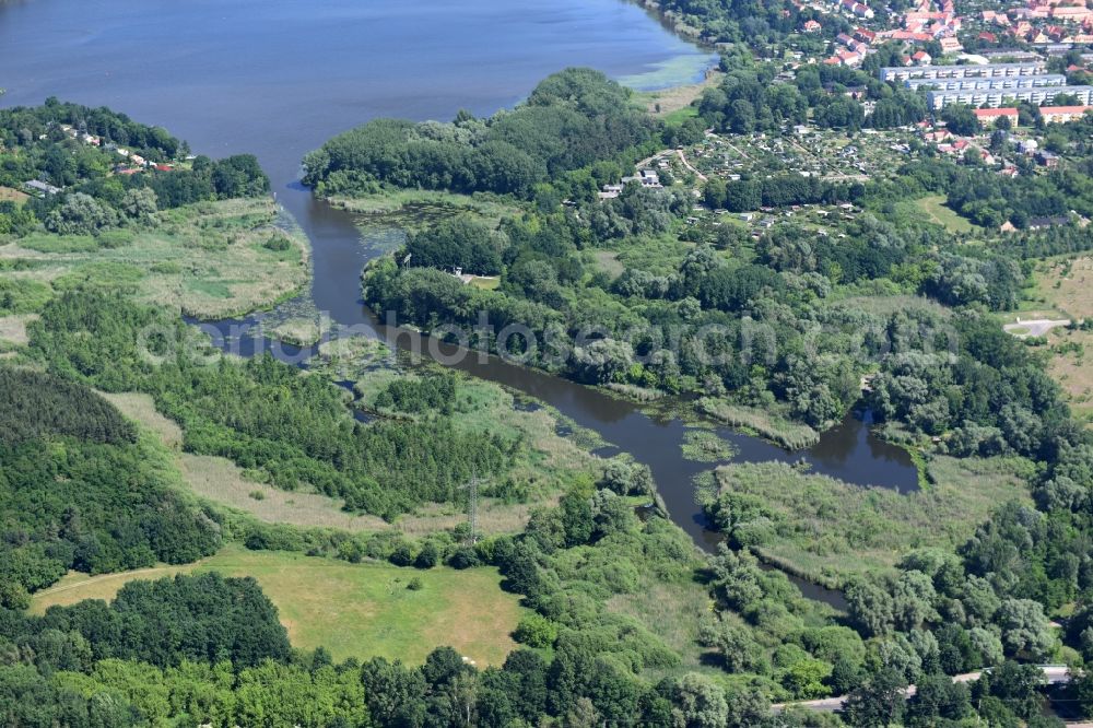 Aerial photograph Wusterwitz - Course of the river Die Fahrt between Kirchmoeser and Wusterwitz in the state of Brandenburg. The river connects the lakes Wendsee in the North and Grosser Wusterwitzer See in the South