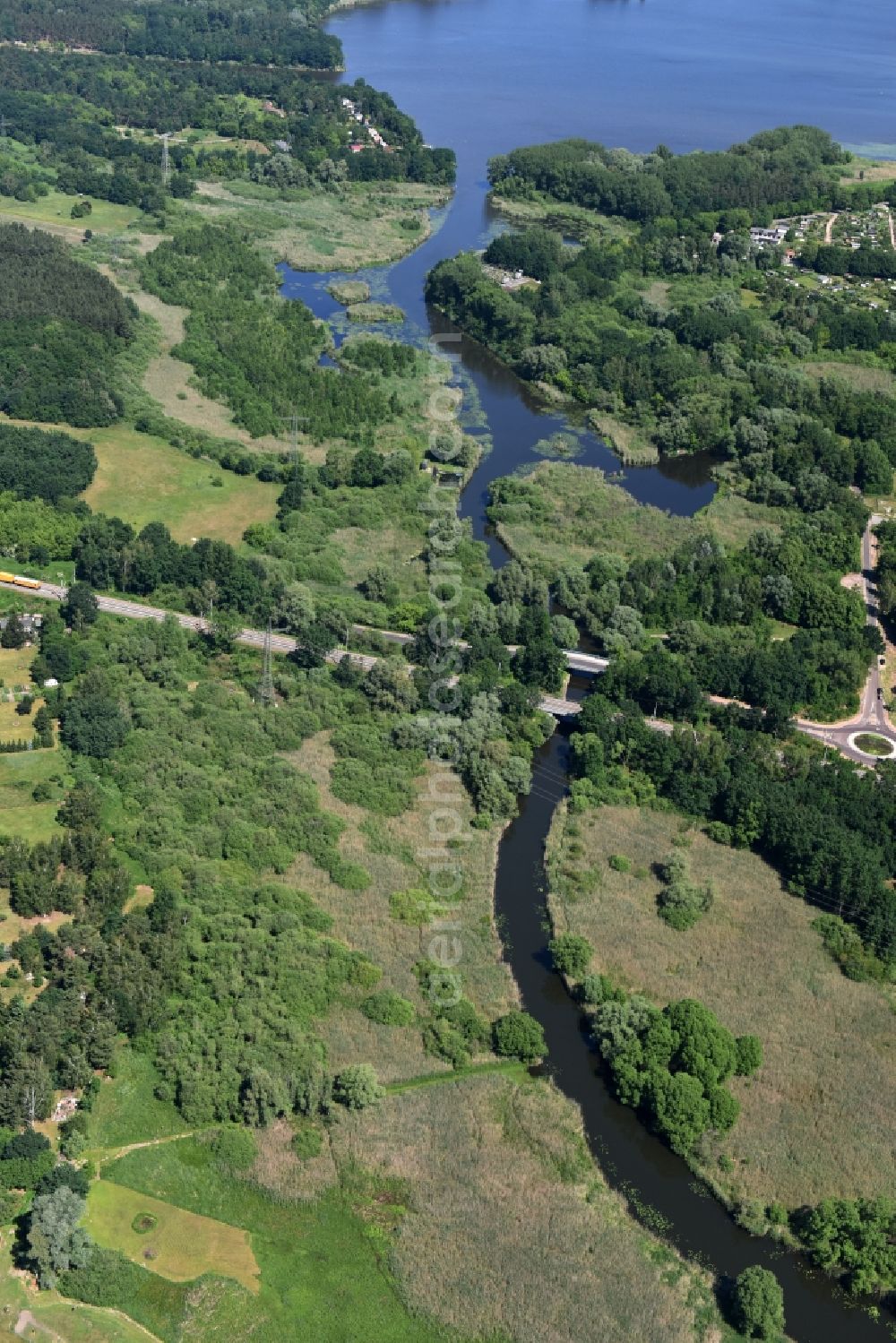 Wusterwitz from the bird's eye view: Course of the river Die Fahrt between Kirchmoeser and Wusterwitz in the state of Brandenburg. The river connects the lakes Wendsee in the North and Grosser Wusterwitzer See in the South