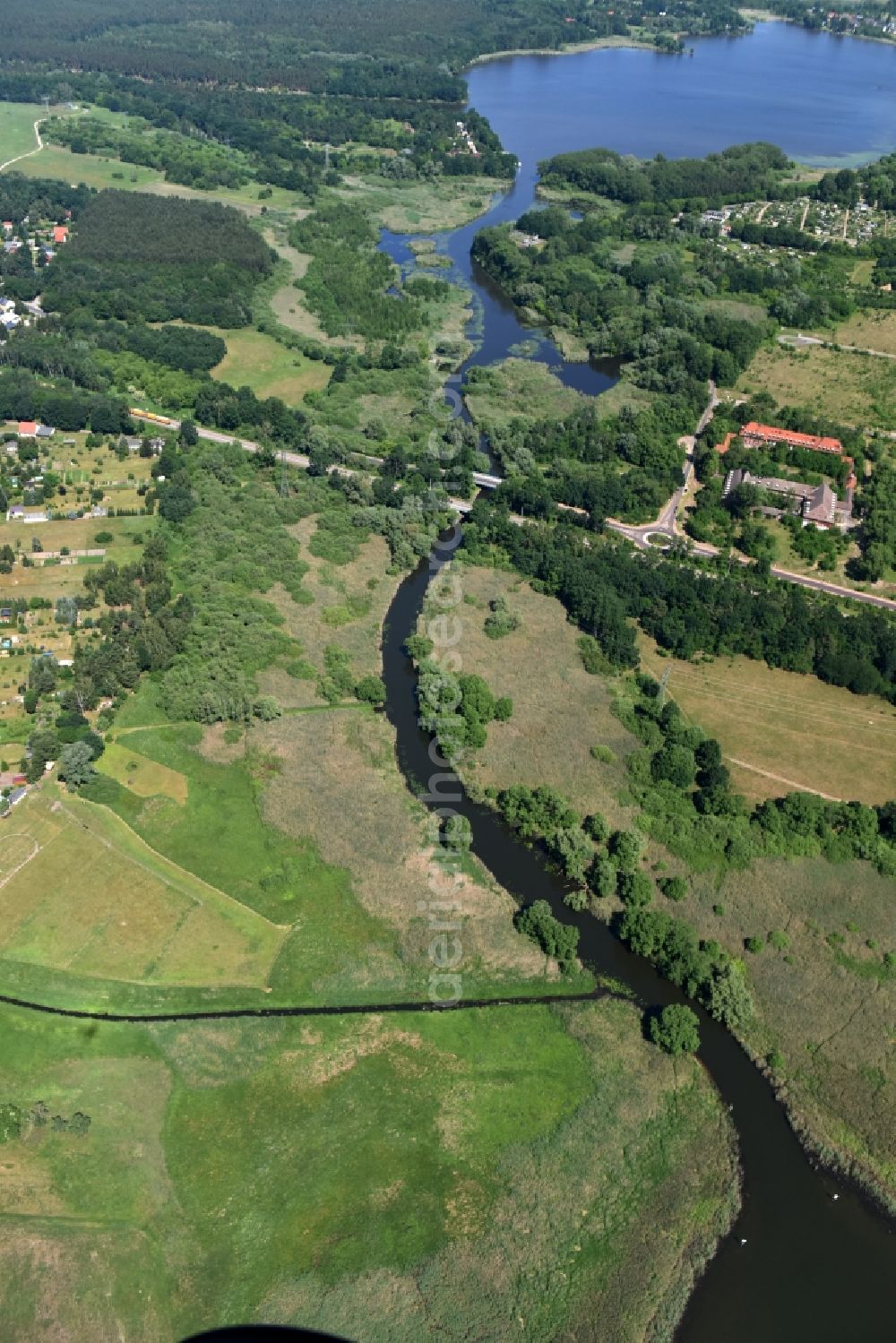 Aerial image Wusterwitz - Course of the river Die Fahrt between Kirchmoeser and Wusterwitz in the state of Brandenburg. The river connects the lakes Wendsee in the North and Grosser Wusterwitzer See in the South